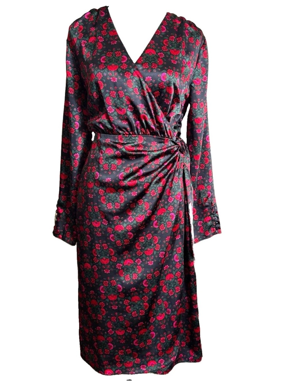 ON 34TH Satin Floral Wrap Midi Dress Small Black Red Green V-Neck Long Sleeve